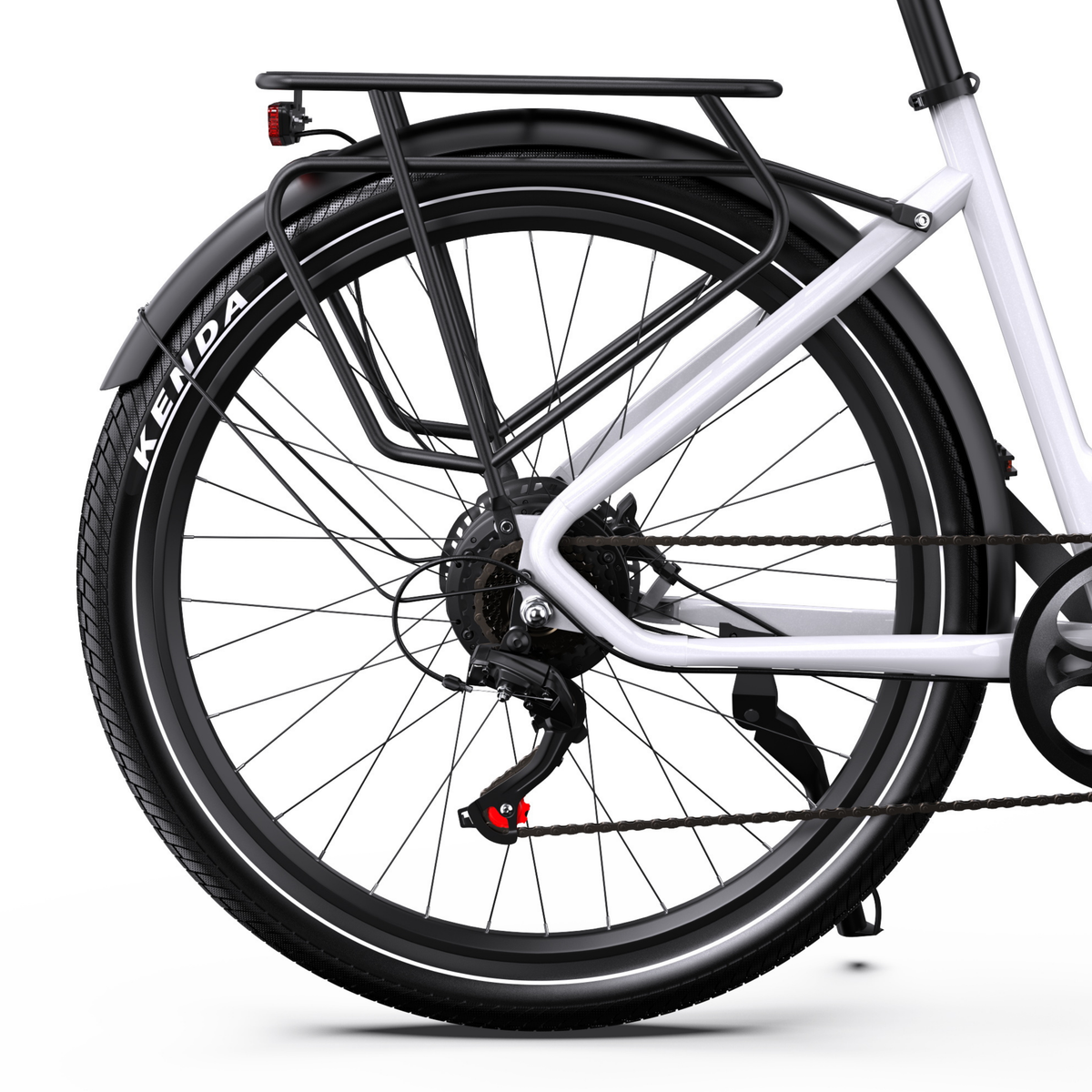 OneSport WT05, side view of rear wheel with rear rack, rear light, mudguard, chain, stand and KENDA tyre