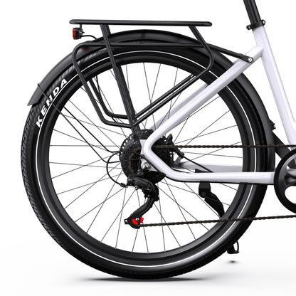OneSport WT05, side view of rear wheel with rear rack, rear light, mudguard, chain, stand and KENDA tyre