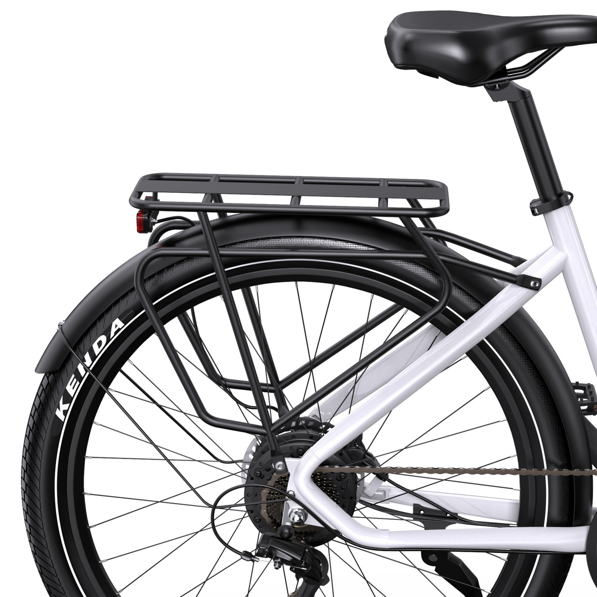 OneSport WT05 seen from the rear right with saddle, black rear rack, rear reflector, mudguard and rear tyre
