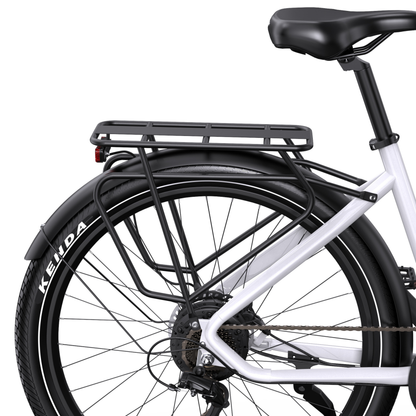 OneSport WT05 seen from the rear right with saddle, black rear rack, rear reflector, mudguard and rear tyre