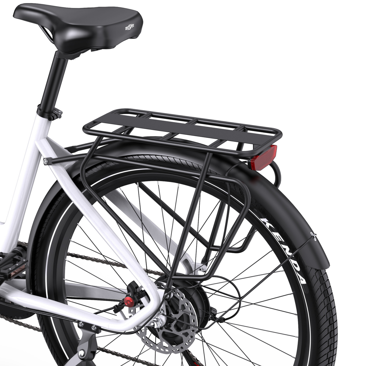 OneSport WT05 seen from the rear left with rear rack, red reflector, mudguard, rear wheel and disc brake