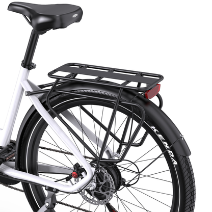 OneSport WT05 seen from the rear left with rear rack, red reflector, mudguard, rear wheel and disc brake