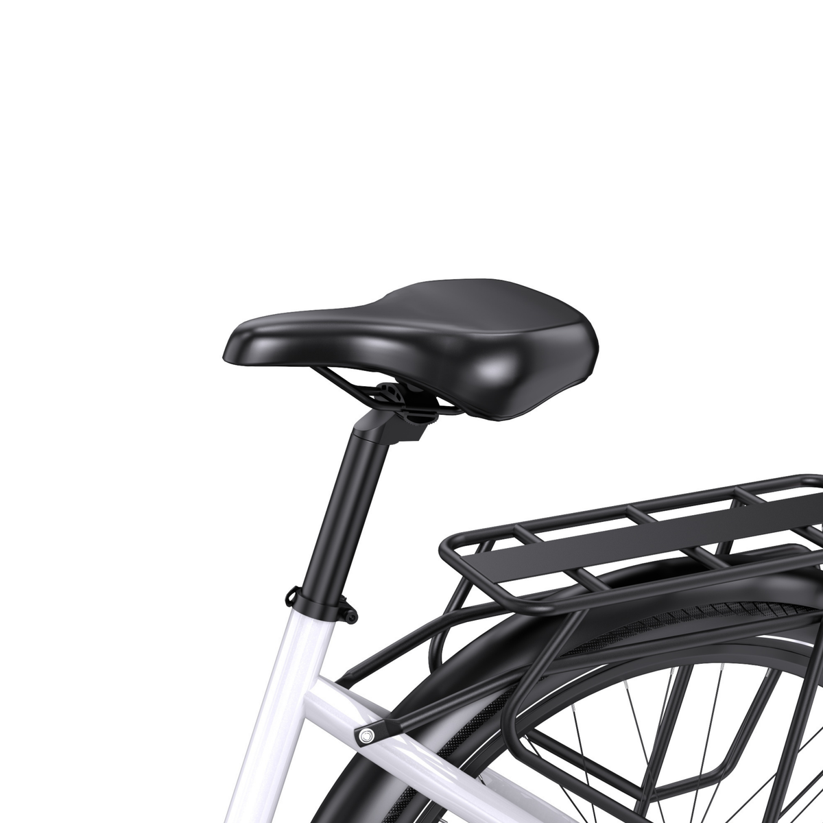 OneSport WT05 detail of black saddle, seat post, white frame and rear rack