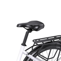 OneSport WT05 detail of black saddle, seat post, white frame and rear rack