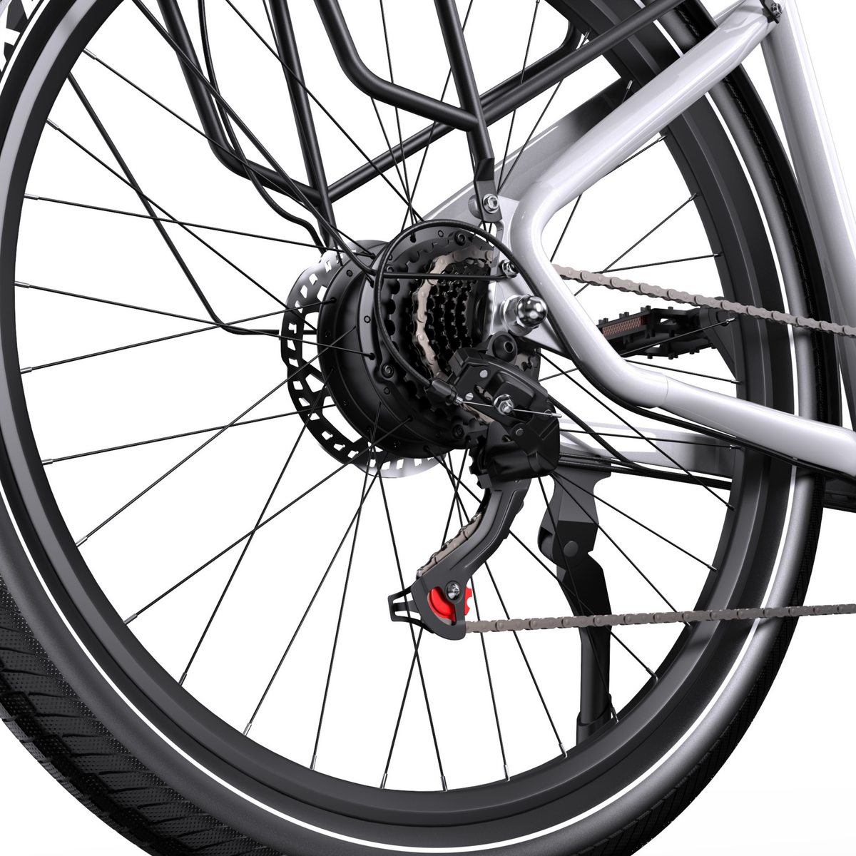 OneSport WT05 close-up of rear wheel hub with cassette, derailleur, brake disc, chain and side stand