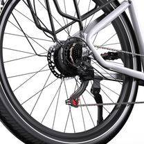 OneSport WT05 close-up of rear wheel hub with cassette, derailleur, brake disc, chain and side stand