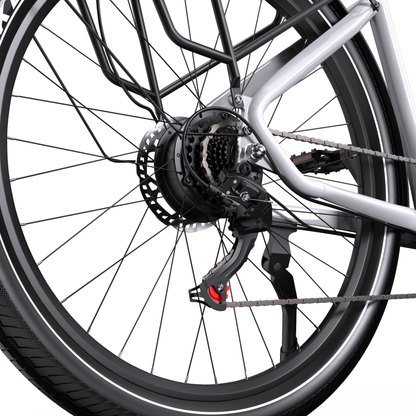 OneSport WT05 close-up of rear wheel hub with cassette, derailleur, brake disc, chain and side stand
