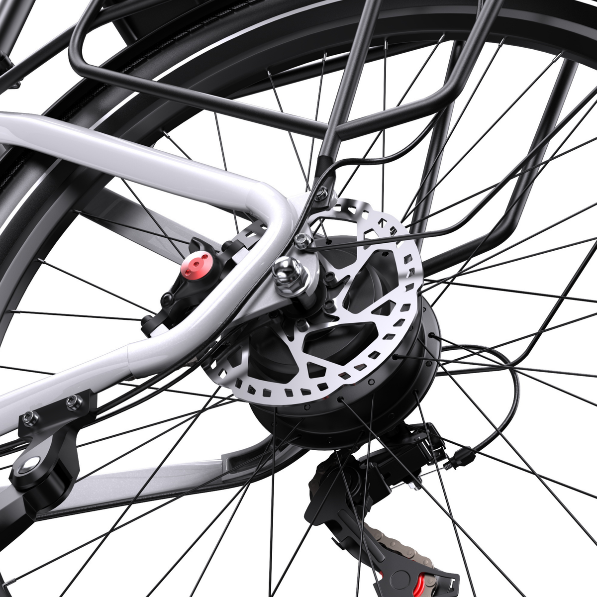 OneSport WT05 close-up of the rear wheel hub with disc brake, rear rack and rear derailleur