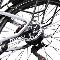 OneSport WT05 close-up of the rear wheel hub with disc brake, rear rack and rear derailleur
