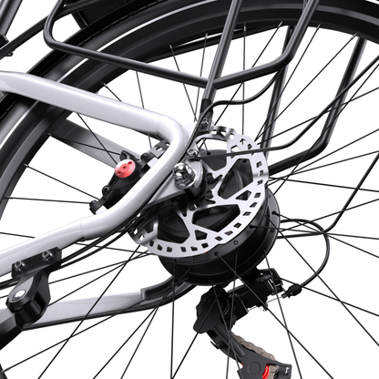 OneSport WT05 close-up of the rear wheel hub with disc brake, rear rack and rear derailleur