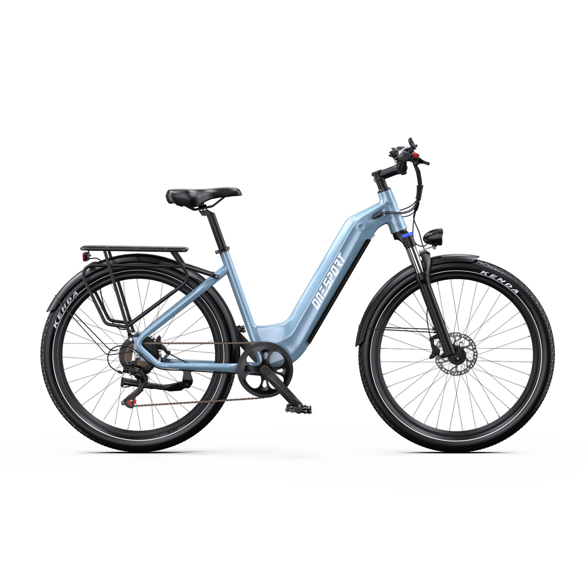OneSport WT05 e-bike in light blue seen from the side with rear rack, mudguards and disc brake