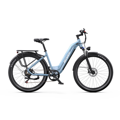 OneSport WT05 e-bike in light blue seen from the side with rear rack, mudguards and disc brake