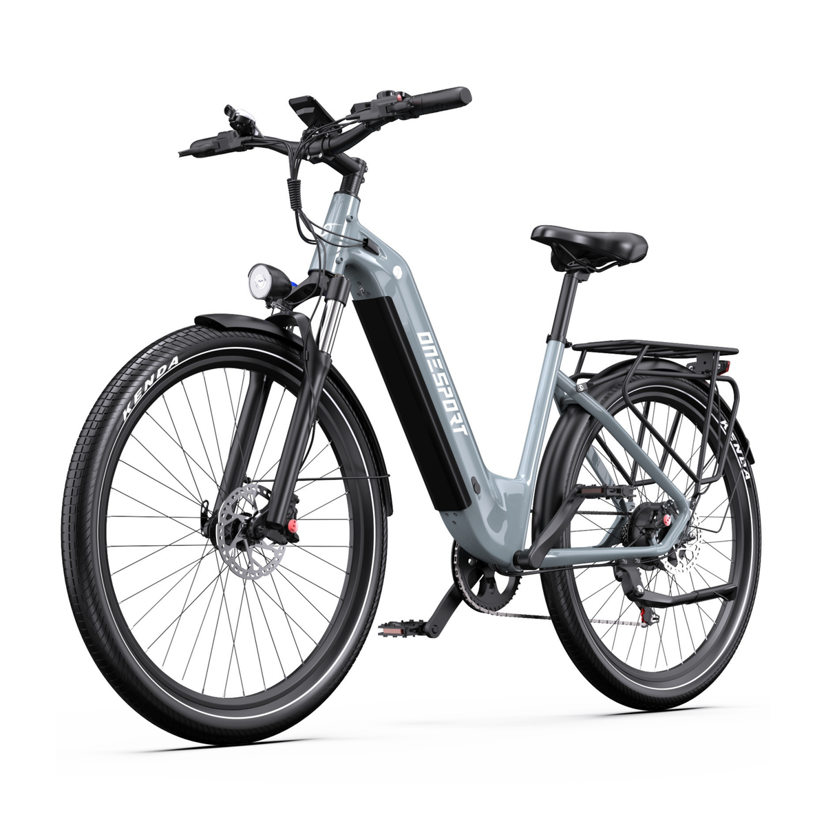 OneSport WT05 e-bike in grey seen from the front angle with low step-through frame, mudguards and rear rack