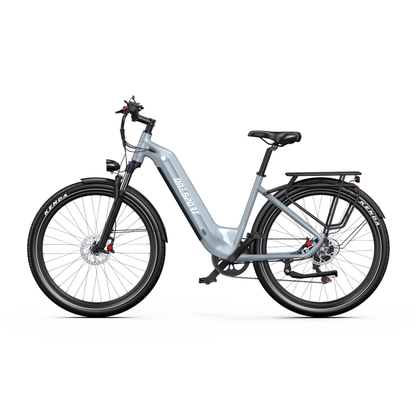 OneSport WT05 e-bike in grey seen from the side with low step-through frame and rear rack