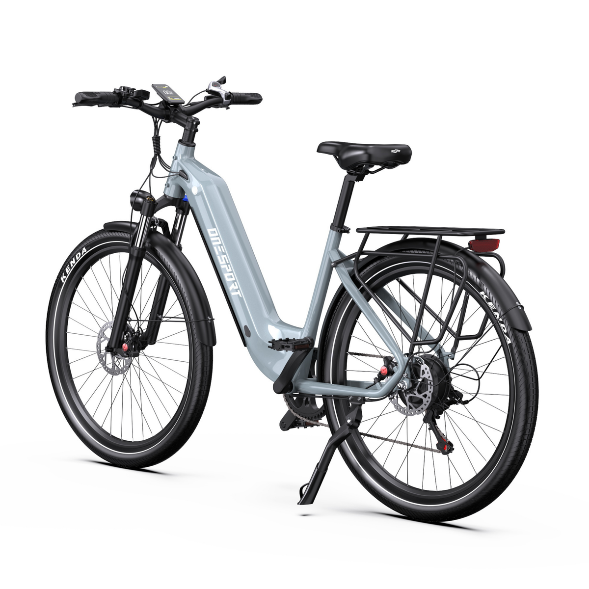 OneSport WT05 e-bike in grey seen from the rear angle with rear rack, tail light and kickstand