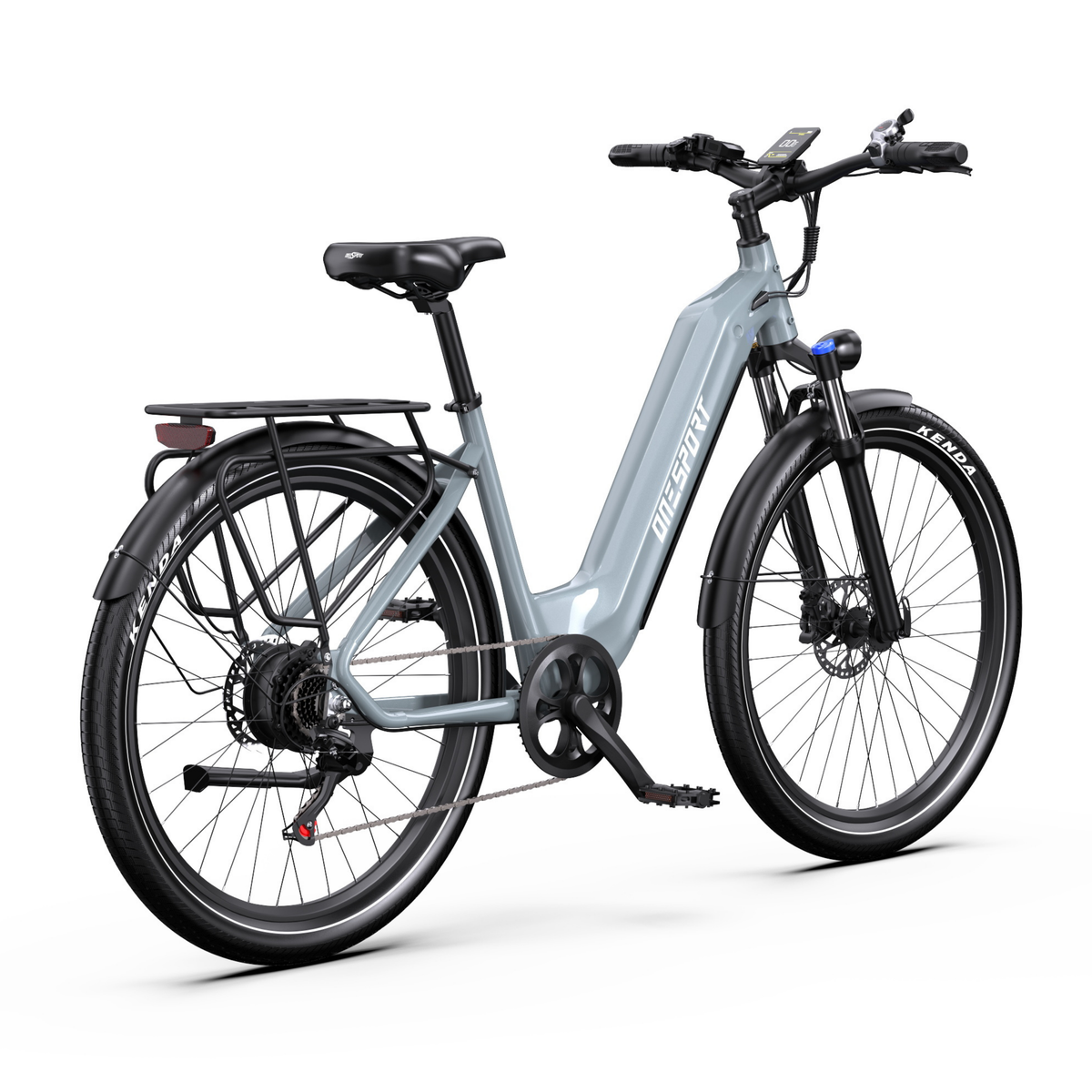 OneSport WT05 e-bike seen from the rear angle with grey frame, rear rack and display on the handlebar