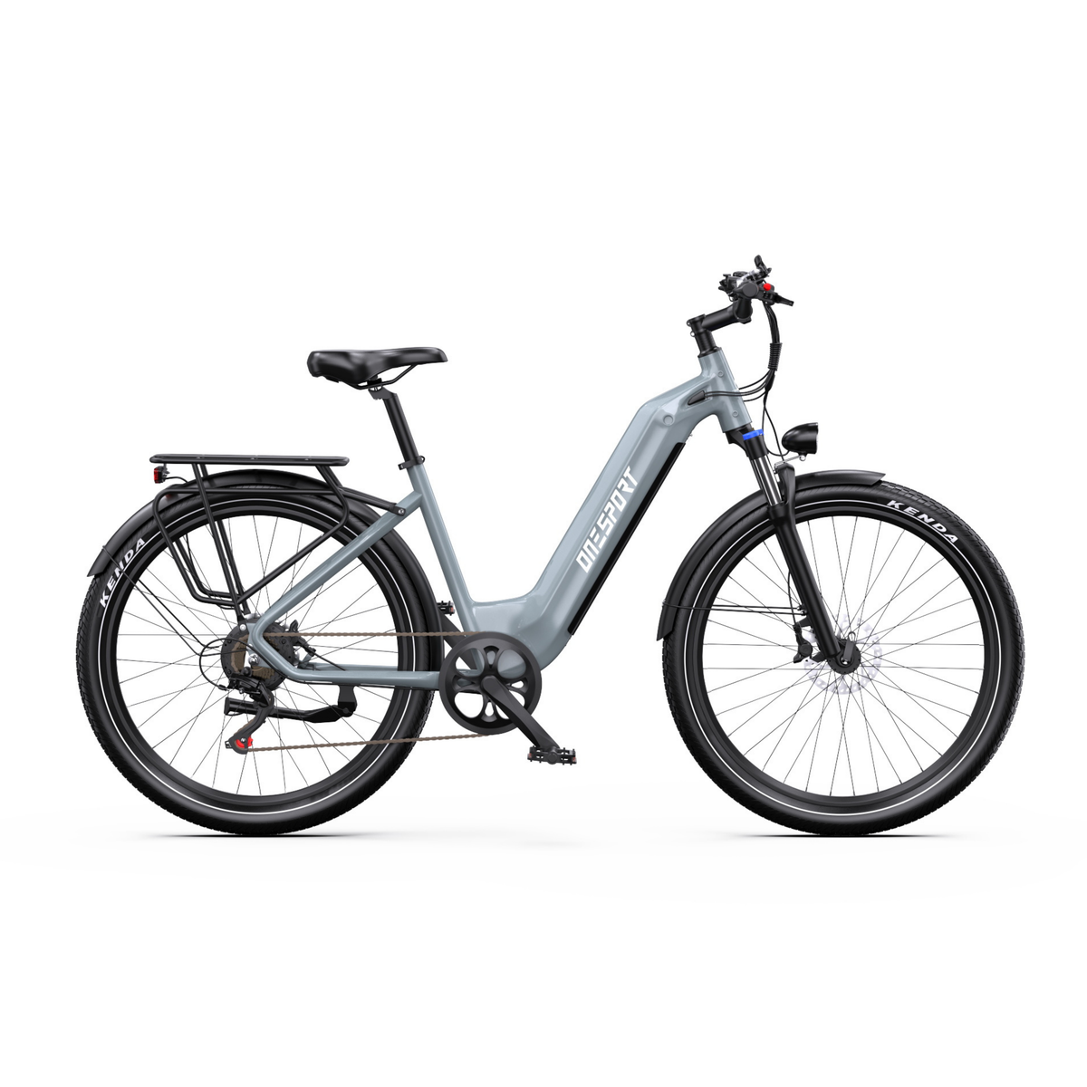OneSport WT05 e-bike in side view with grey frame, low step-through frame, rear rack and mudguards over the wheels