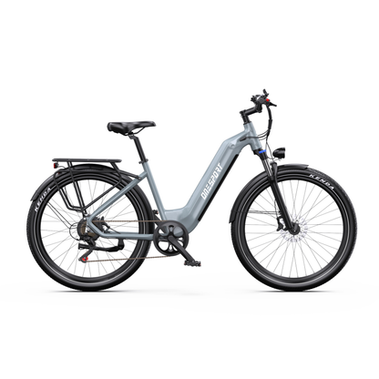 OneSport WT05 e-bike in side view with grey frame, low step-through frame, rear rack and mudguards over the wheels