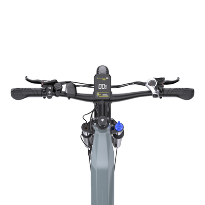 OneSport WT05 handlebar seen from above with display, grips, brake levers and gear shifter