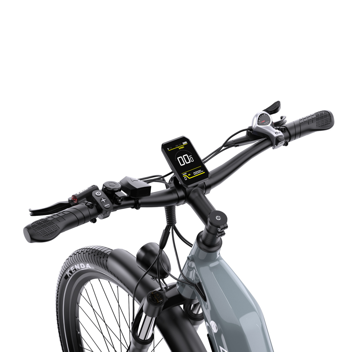OneSport WT05 seen from behind, focusing on the handlebar, display, grips and controls