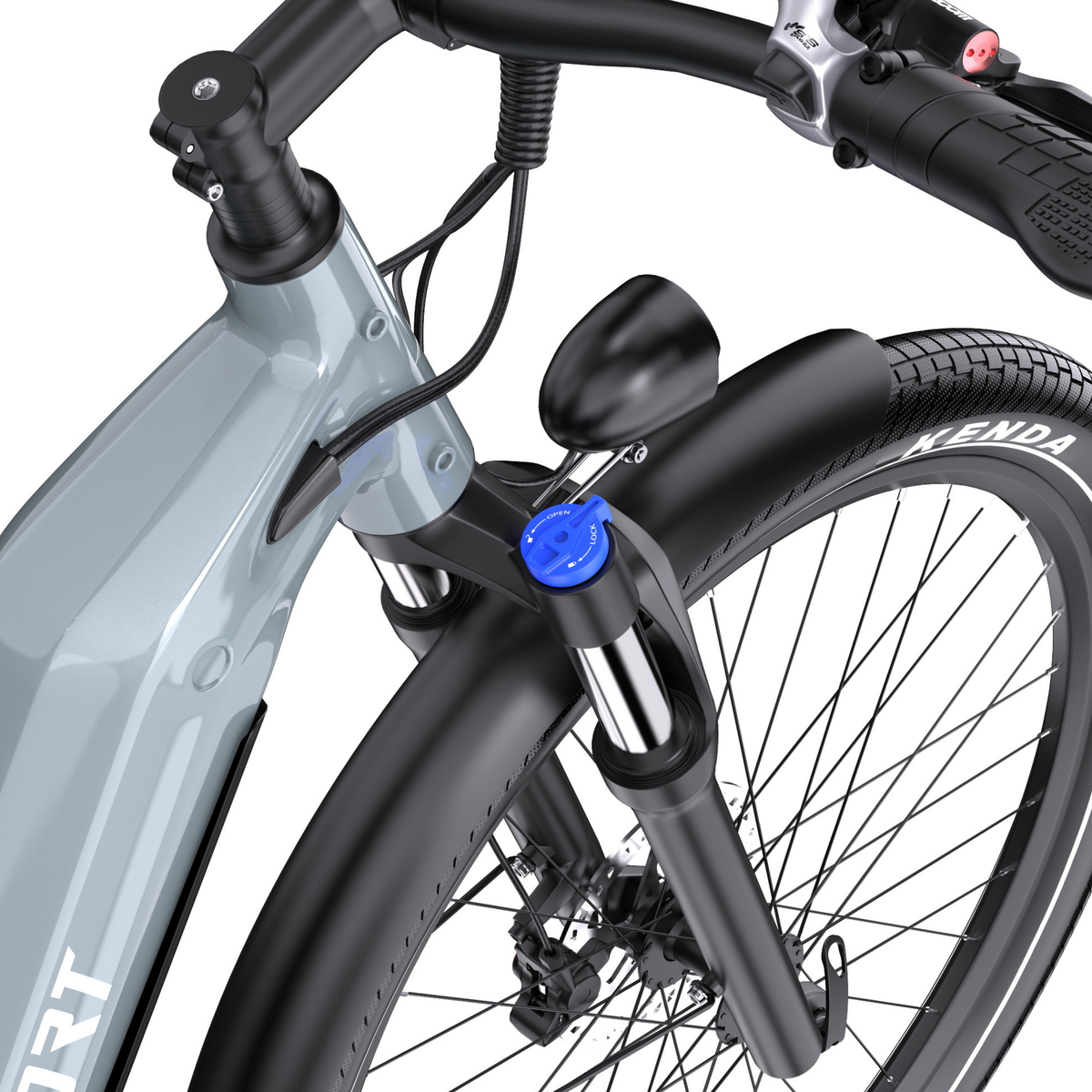 OneSport WT05, close-up of the front fork with blue dial, light, front mudguard and Kenda tyre