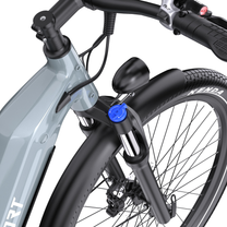 OneSport WT05, close-up of the front fork with blue dial, light, front mudguard and Kenda tyre
