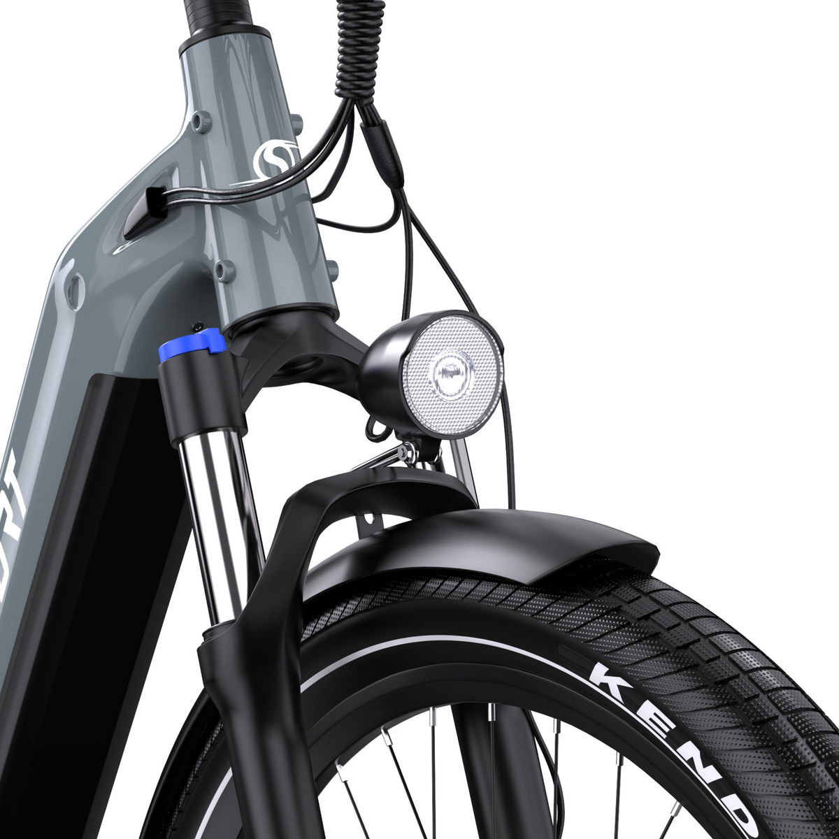 OneSport WT05 from the front with headlight, fork, blue detail, front mudguard and Kenda tyre