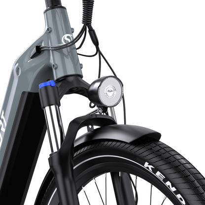 OneSport WT05 from the front with headlight, fork, blue detail, front mudguard and Kenda tyre