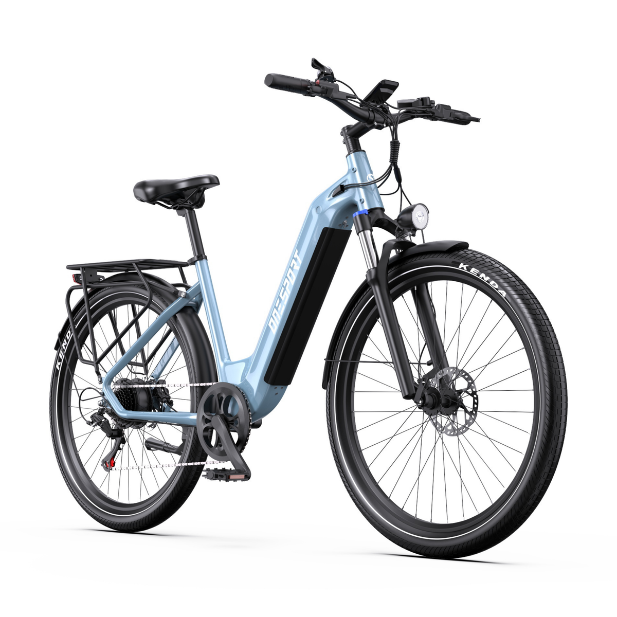 OneSport WT05 e-bike in light blue from the front at an angle with black battery panel, headlight and rear rack