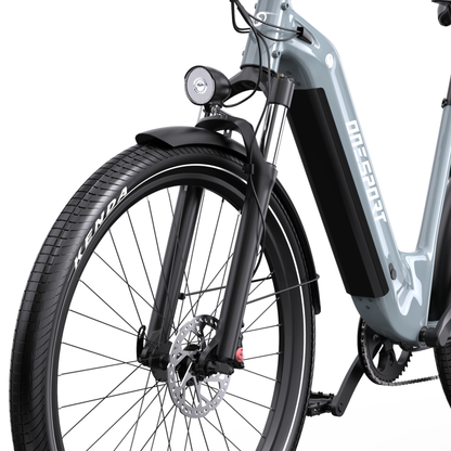 OneSport WT05 from the front angle with front wheel, disc brake, fork, light, front mudguard and grey frame