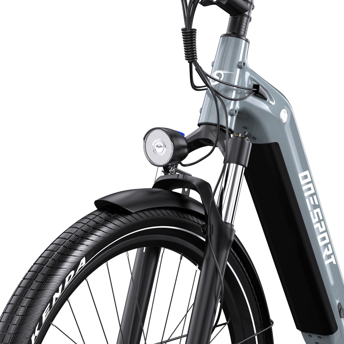 OneSport WT05, close-up of the front fork, headlight, mudguard and Kenda tyre with grey frame