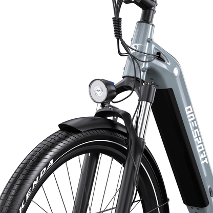 OneSport WT05, close-up of the front fork, headlight, mudguard and Kenda tyre with grey frame