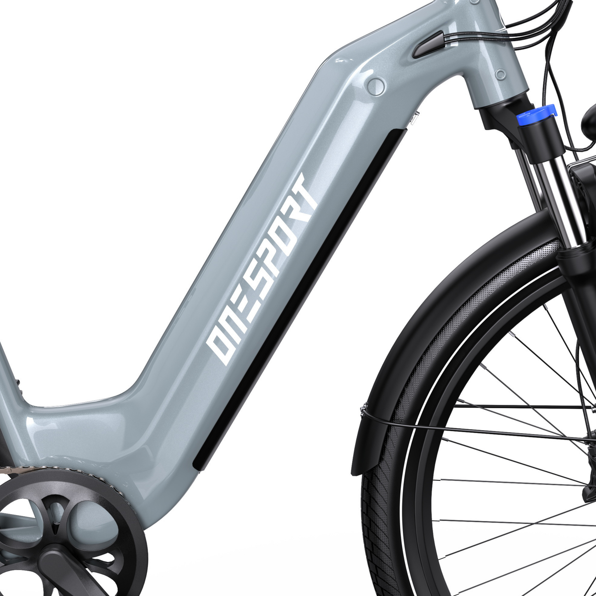 OneSport WT05, side view of the grey frame with logo, front fork, front wheel and mudguard