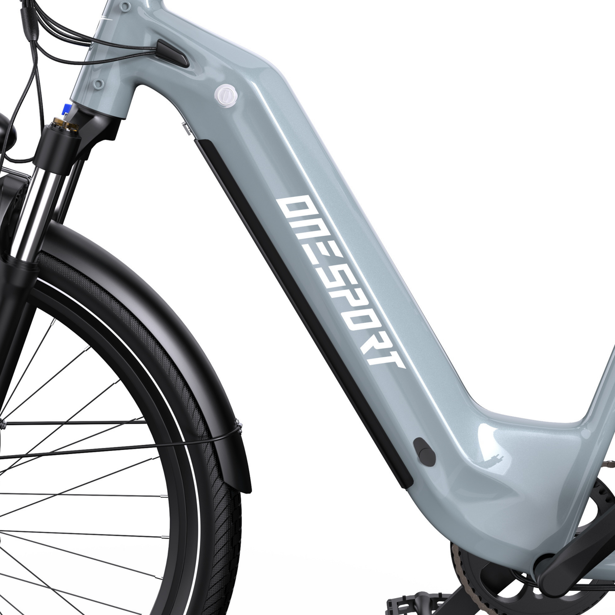 OneSport WT05, side view of the grey frame with OneSport logo, front wheel, mudguard and pedal