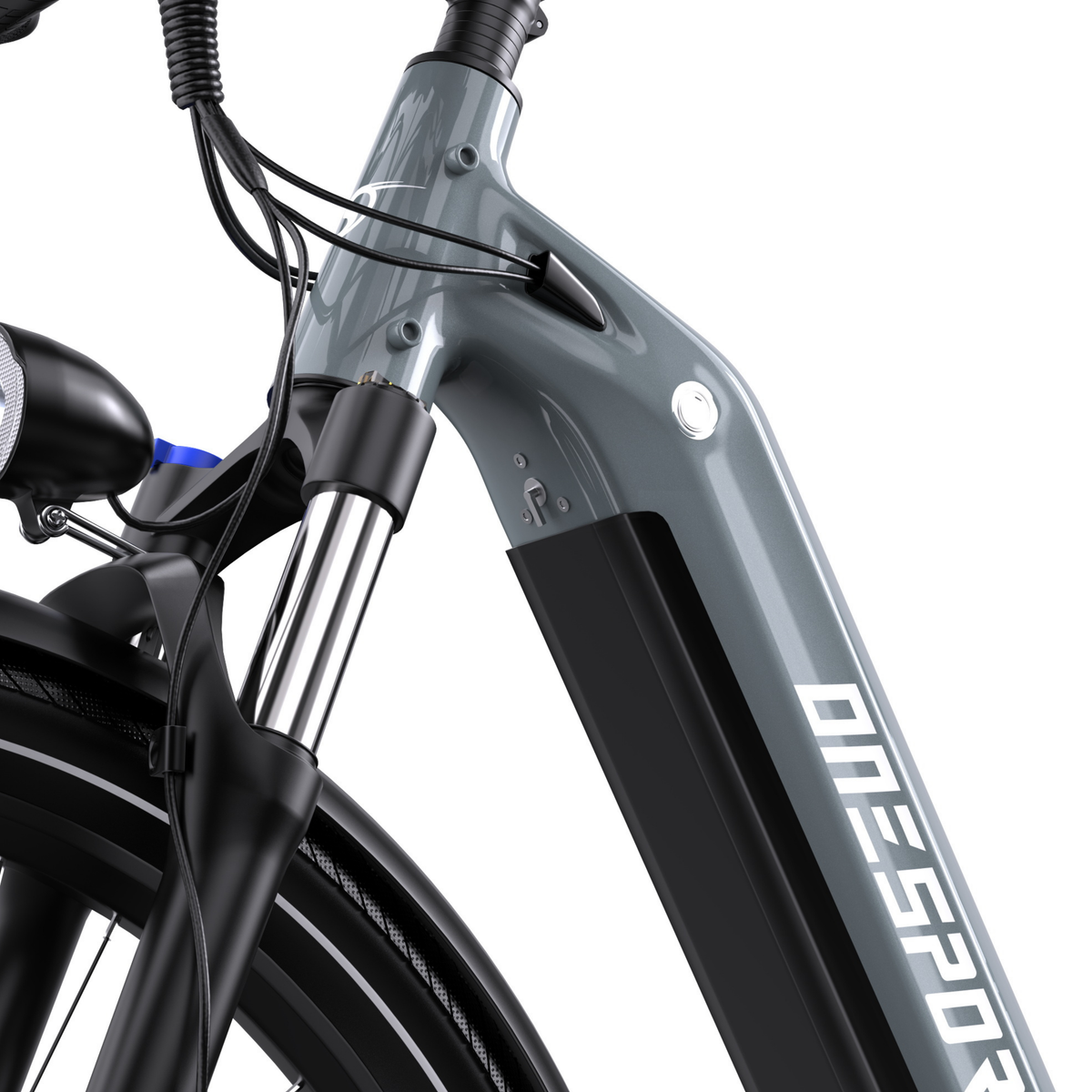 OneSport WT05, close-up of the stem, cables, front fork, headlight and grey frame with black section