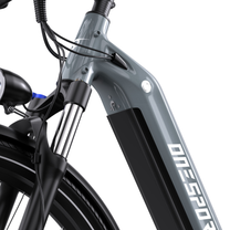 OneSport WT05, close-up of the stem, cables, front fork, headlight and grey frame with black section