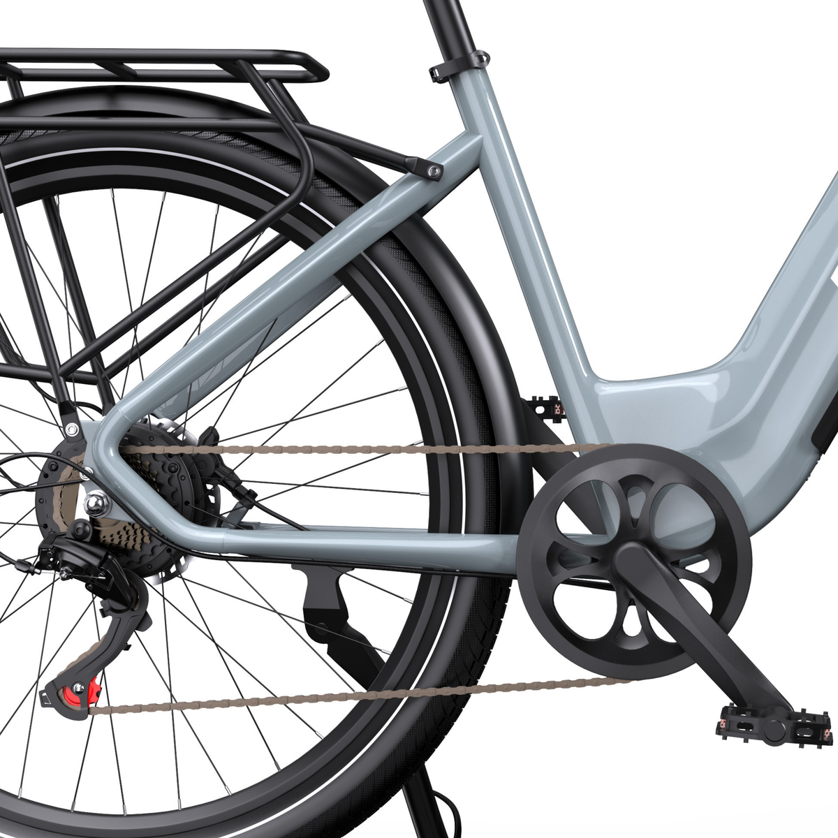 OneSport WT05, close-up of the rear frame, rear rack, chain, crank and pedal on the grey frame