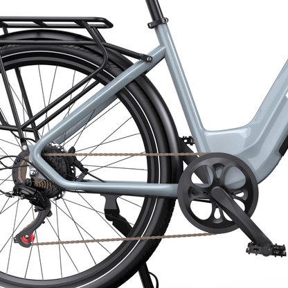 OneSport WT05, close-up of the rear frame, rear rack, chain, crank and pedal on the grey frame