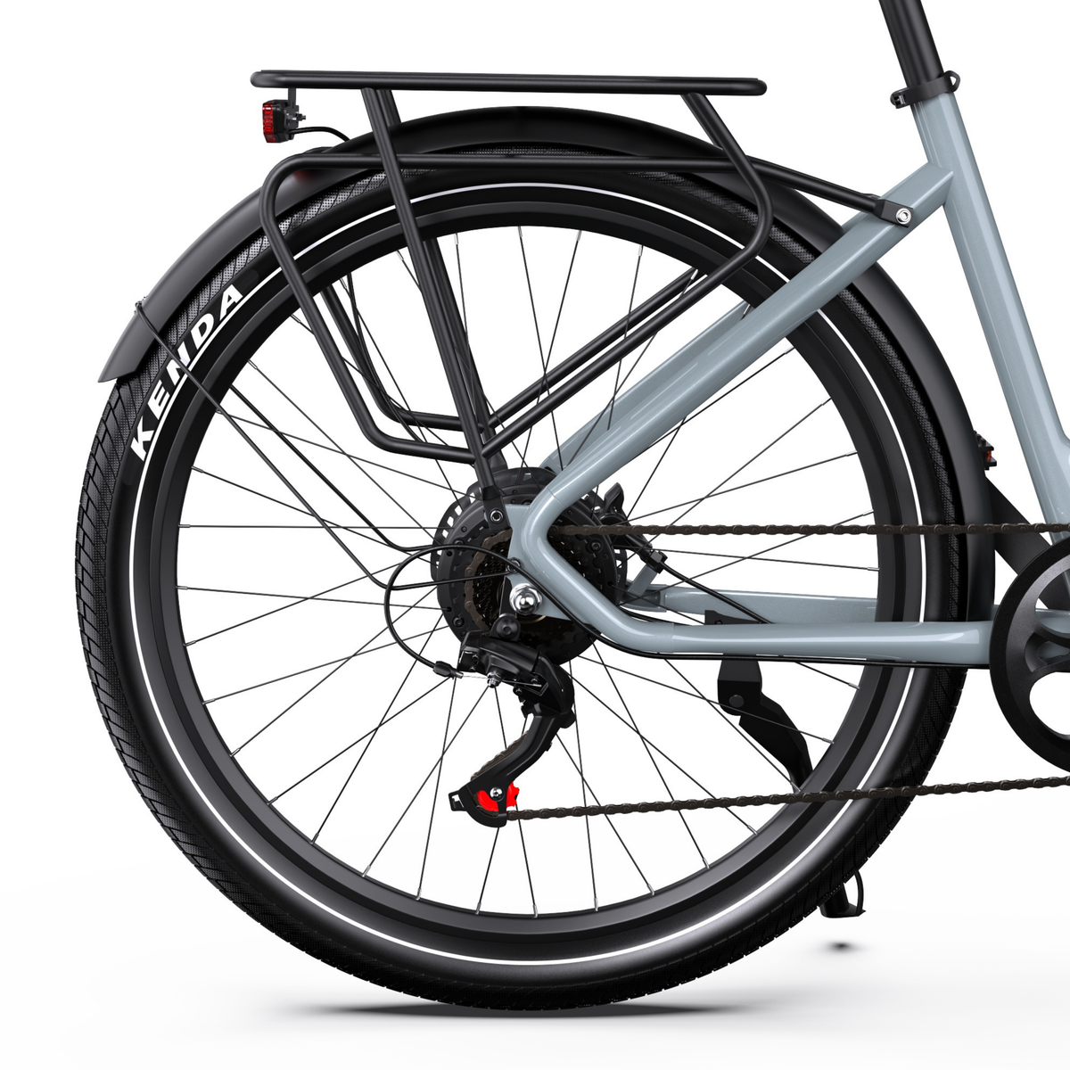 OneSport WT05 rear wheel from the side with rear rack, mudguard, rear light and tyre with the text KENDA