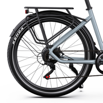 OneSport WT05 rear wheel from the side with rear rack, mudguard, rear light and tyre with the text KENDA