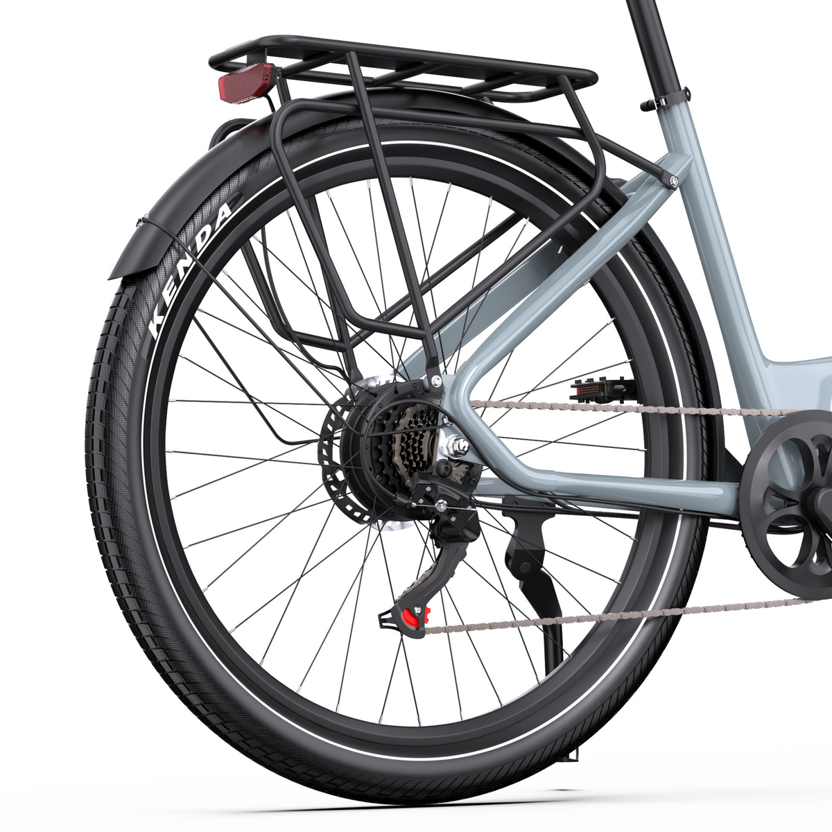 OneSport WT05 rear wheel at an angle with rear rack, mudguard, red reflector, cassette and kickstand