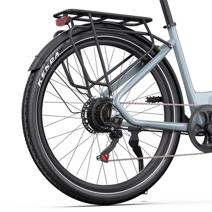 OneSport WT05 rear wheel at an angle with rear rack, mudguard, red reflector, cassette and kickstand