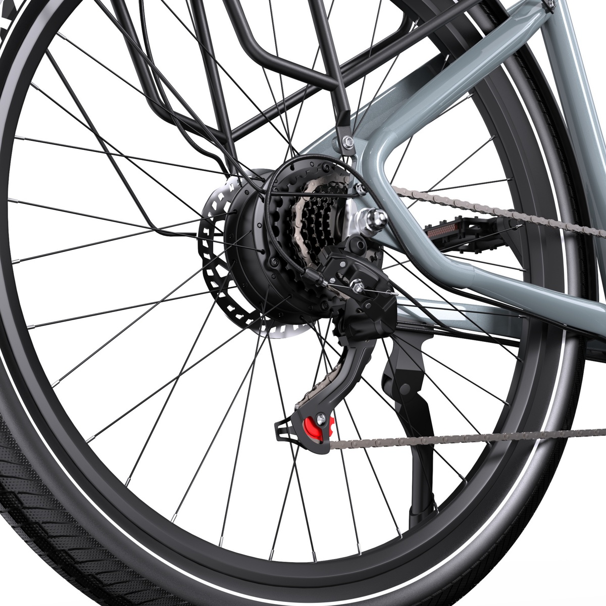 OneSport WT05 rear wheel with hub motor, cassette, rear derailleur, chain, rear rack and kickstand in close-up
