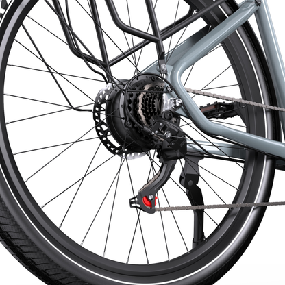 OneSport WT05 rear wheel with hub motor, cassette, rear derailleur, chain, rear rack and kickstand in close-up