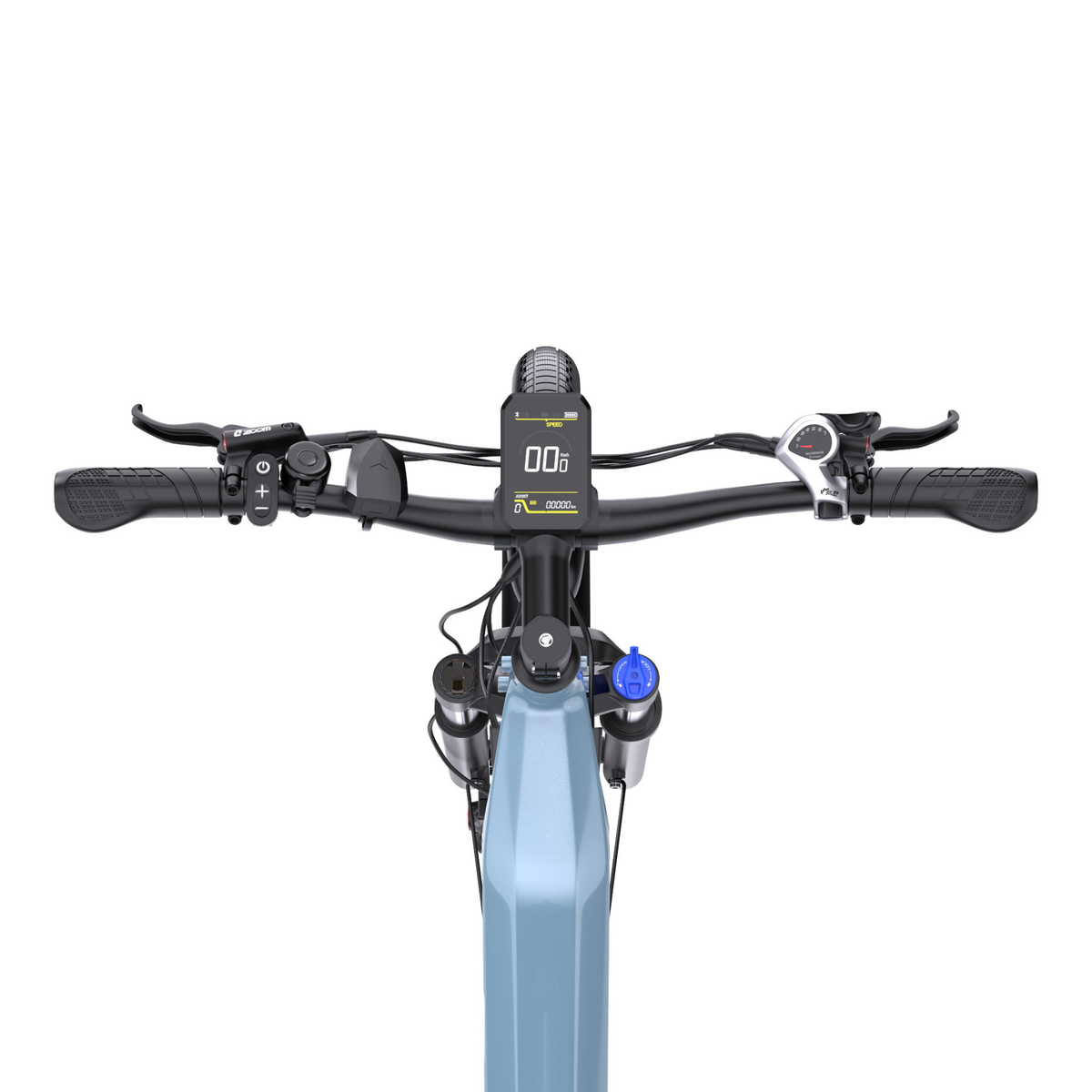 OneSport WT05 handlebar and display seen from above with brake lever, grips and gear shifter