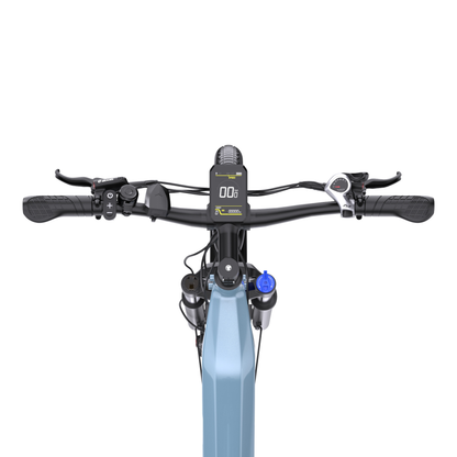 OneSport WT05 handlebar and display seen from above with brake lever, grips and gear shifter
