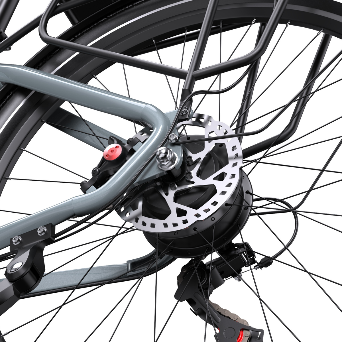 OneSport WT05 rear wheel hub with brake disc, caliper, rear rack and rear derailleur in close-up
