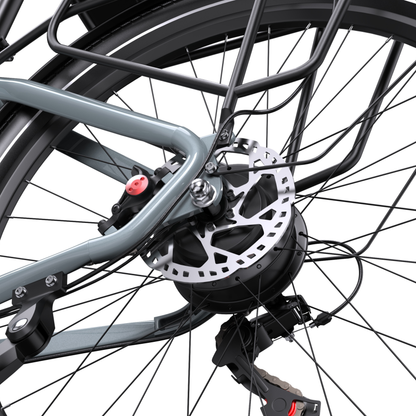 OneSport WT05 rear wheel hub with brake disc, caliper, rear rack and rear derailleur in close-up