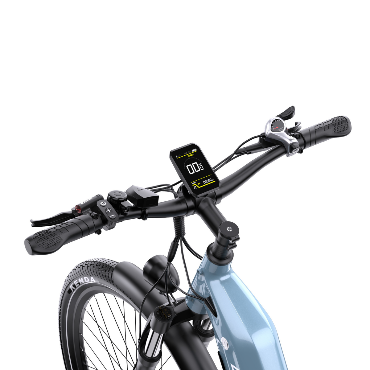 OneSport WT05 close-up of handlebar with display, grips, brake lever and bell, plus front wheel with Kenda tyre