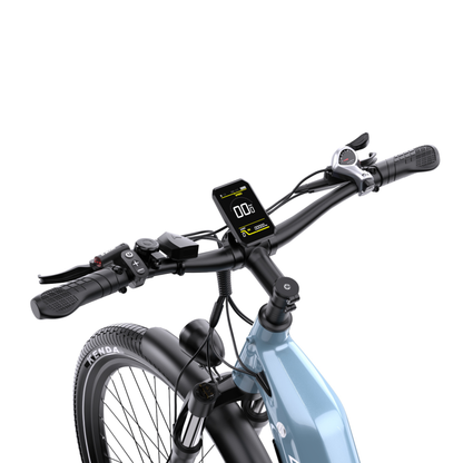 OneSport WT05 close-up of handlebar with display, grips, brake lever and bell, plus front wheel with Kenda tyre